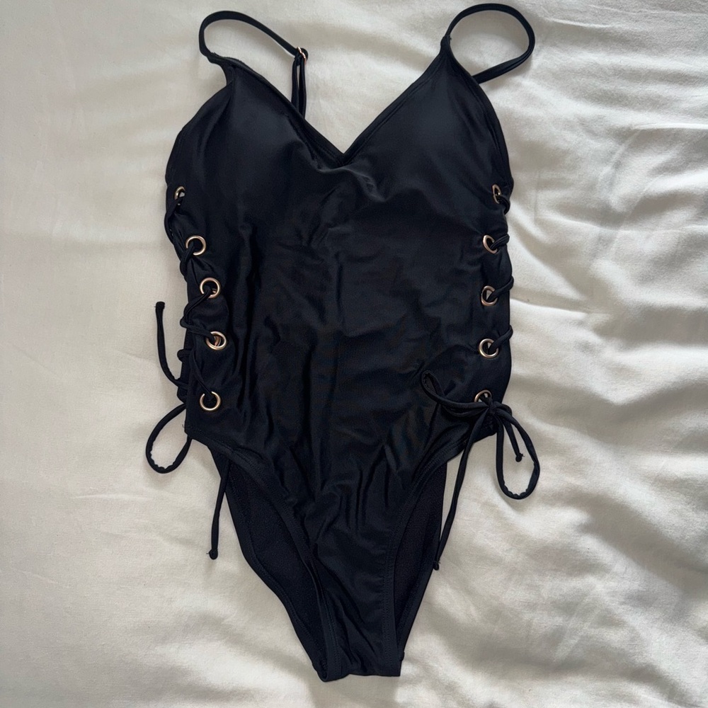 Black Lace up sides one piece swimsuit